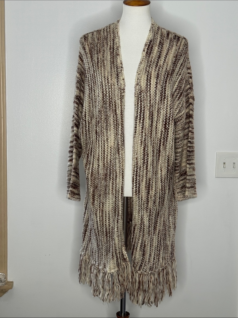 POL Marled Open-Front Fringe Cardigan - Cream & Brown